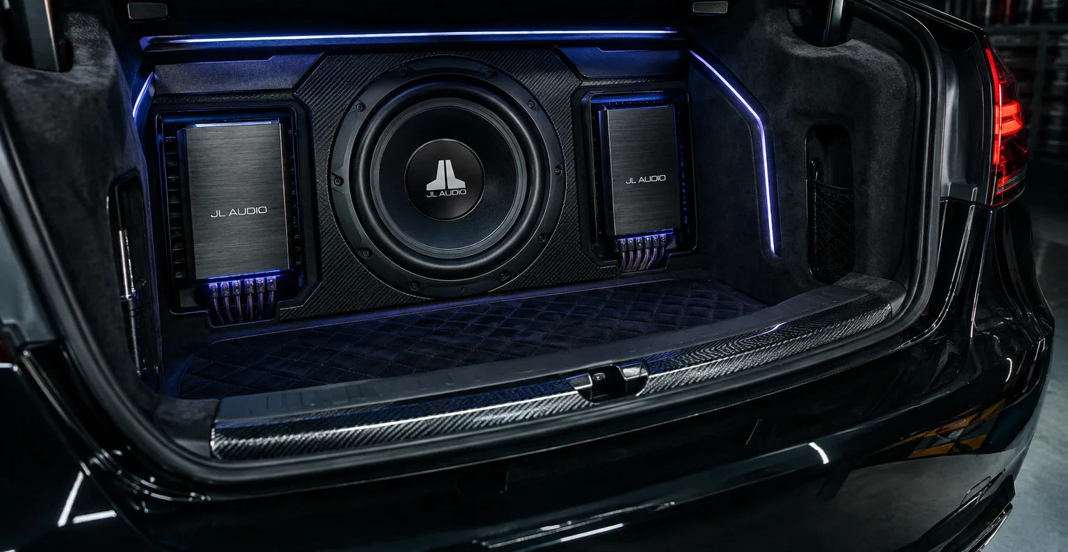 Сабвуфер и усилители JL Audio в багажнике с подсветкой